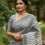 Grey And White Cotton Ikat Saree