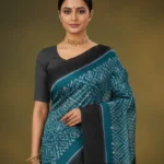 Teal And Black Cotton Ikat Saree
