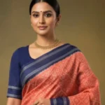 Peach And Blue Silk Ikat Saree